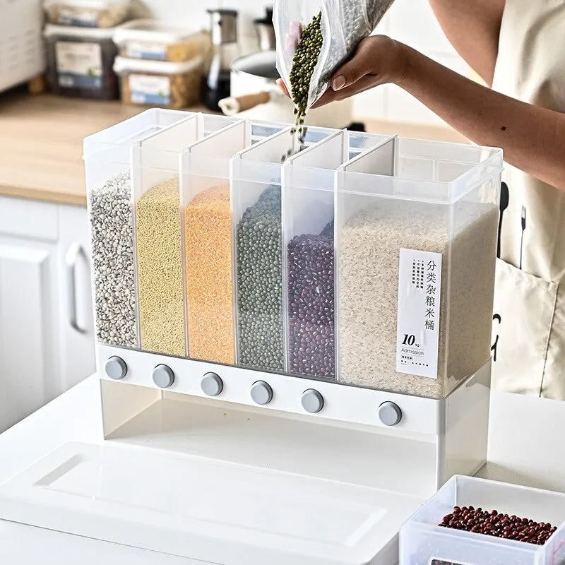 Hanif Traders™ Rice Grain Beans Dispenser 6 Girds Pest-Proof Rack Sealed Food Storage Box for Kitchen and Home Kitchen Dispenser