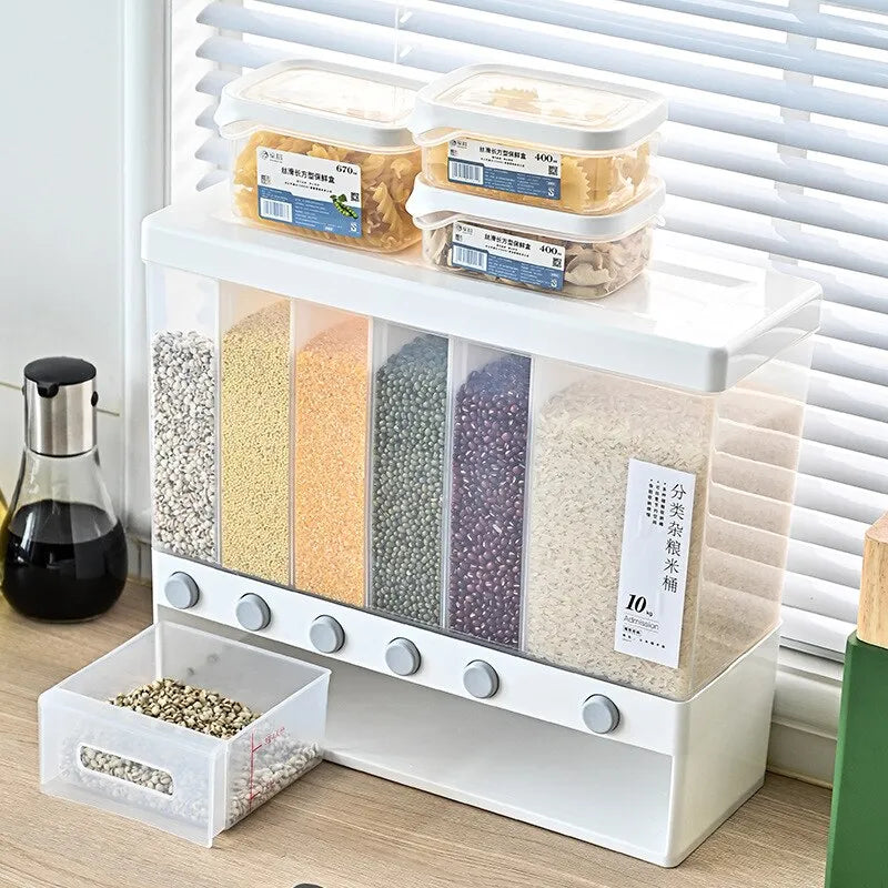 Hanif Traders™ Rice Grain Beans Dispenser 6 Girds Pest-Proof Rack Sealed Food Storage Box for Kitchen and Home Kitchen Dispenser