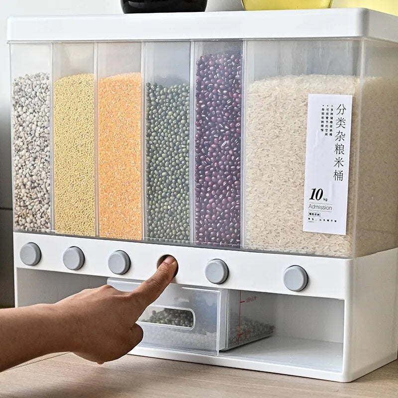 Hanif Traders™ Rice Grain Beans Dispenser 6 Girds Pest-Proof Rack Sealed Food Storage Box for Kitchen and Home Kitchen Dispenser